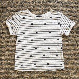 Black and White Striped Cat Print Short Sleeve Tee, 100% Cotton, Size S